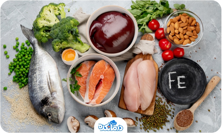 تصویر گروهی از مواد غذایی حاوی آهن شامل گوشت، ماهی، حبوبات، اسفناج، گوجه و میوه‌ها